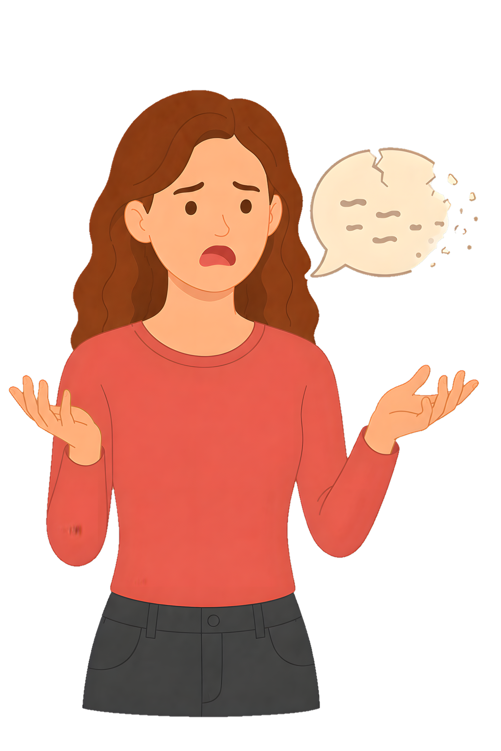情境插畫：一人張口努力想說話，雙手攤開像在空中搜尋詞語，一旁對話框邊緣破碎、內容消散成無法辨識的字形