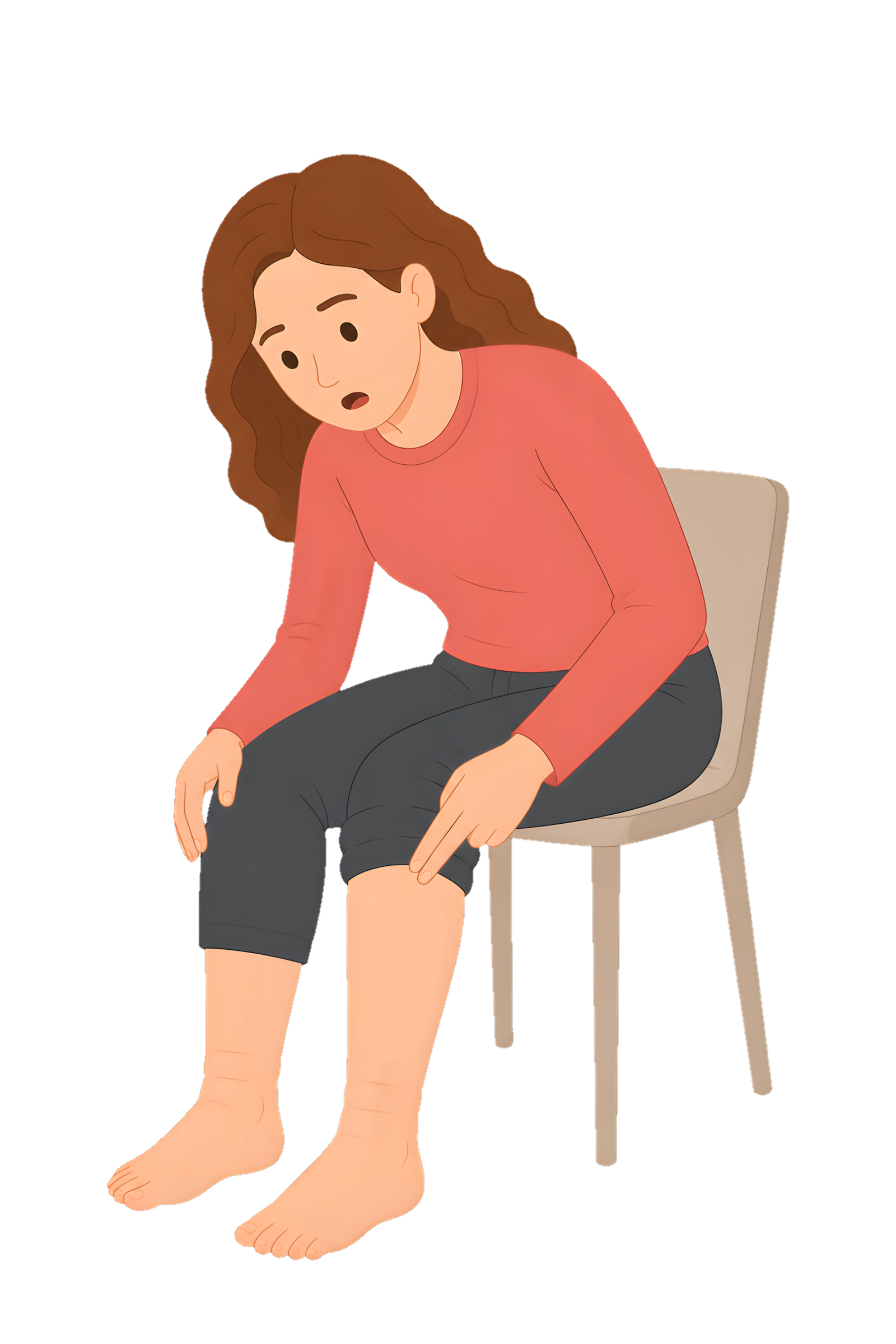 情境插畫：一人坐著、低頭看自己的腳踝與小腿，腿部明顯浮腫，一手輕觸小腿